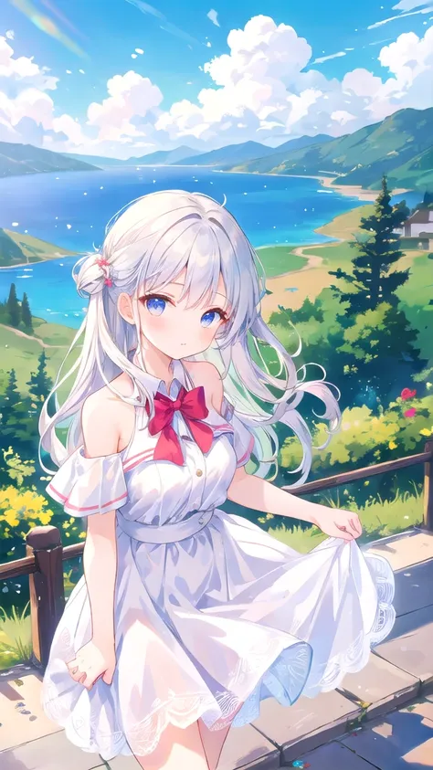 cute girl,   white dress ,   open shoulder  , Lace skirt,   Silver Hair, uniform, Spectacular Scenery ,