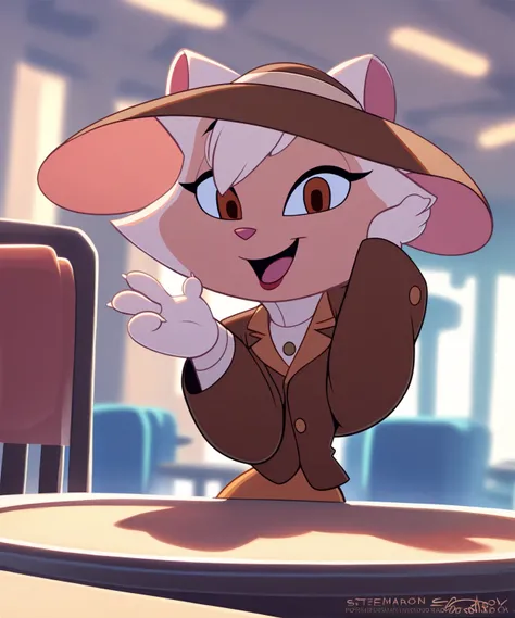 source_furry, solo, sawyer, female, brown eyes, brown suit, wide brim hat, open smile, looking at viewer, restaurant, by sssonic2,by sigma_x,by kilinah, score_9, score_8_up, score_7_up, score_6_up, score_5_up, score_4_up, arms on the table