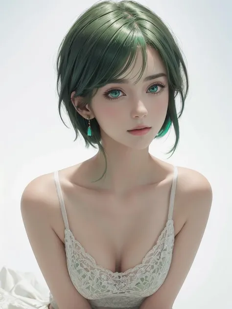 (masterpiece:1.3), (8k, photorealistic, RAW photo, best quality: 1.4), (1woman, 23 years old), beautiful face, (realistic face), (green hair, short hair:1.3), beautiful hairstyle, realistic eyes, (emerald green eyes), beautiful detailed eyes, (realistic sk...