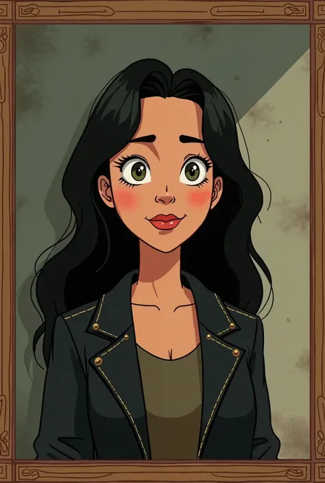  Animate the image of a woman with long black hair, with a slightly tanned complexion and a black jacket,  turning it into a traditional animation style of cartoon style , She must look like she has a rude but fun personality,  all surrounded by a framed v...