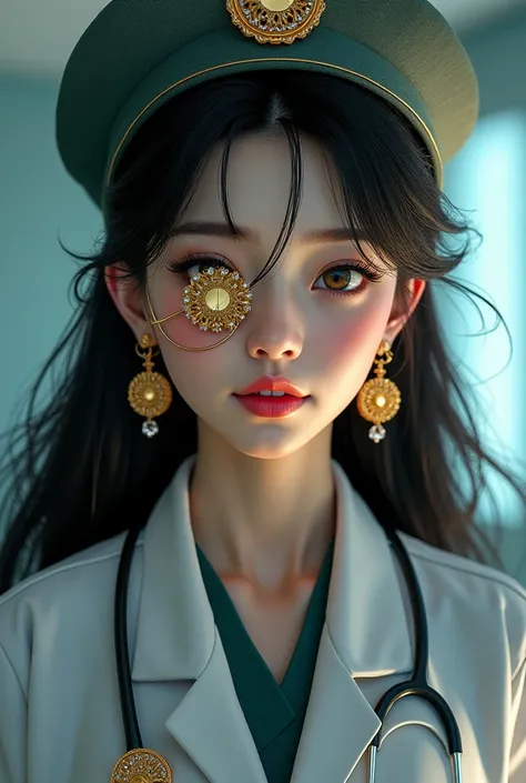 A sexy asian  girl, with a golden eyepatch, with large breast，with round earrings，smile，long hair，hat, doctor