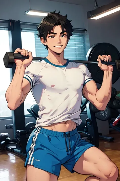 Perfect face. Perfect A black haired man with green eyes in t-shirt and shorts is smiling while working out in the gym