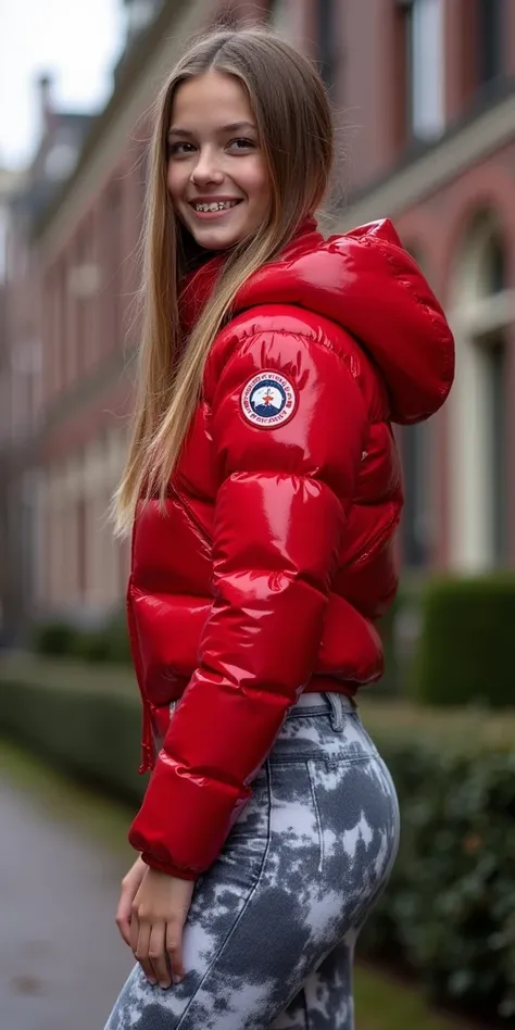 Backside diagonally photo from side behind of a sweaty hot wet cute beautiful darkblonde furtuned dutch spanish italia young posing age femboy wearing red canada-goose shiny pvc puffy cropped short puffer jacket, very short shiny firered Big luxurious cana...