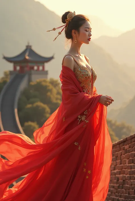 Goddesses of the People's Republic of China。1 person。Beautiful Goddess。I'm wearing a dress with a national flag motif。 model pose。With the Great Wall of China in the background