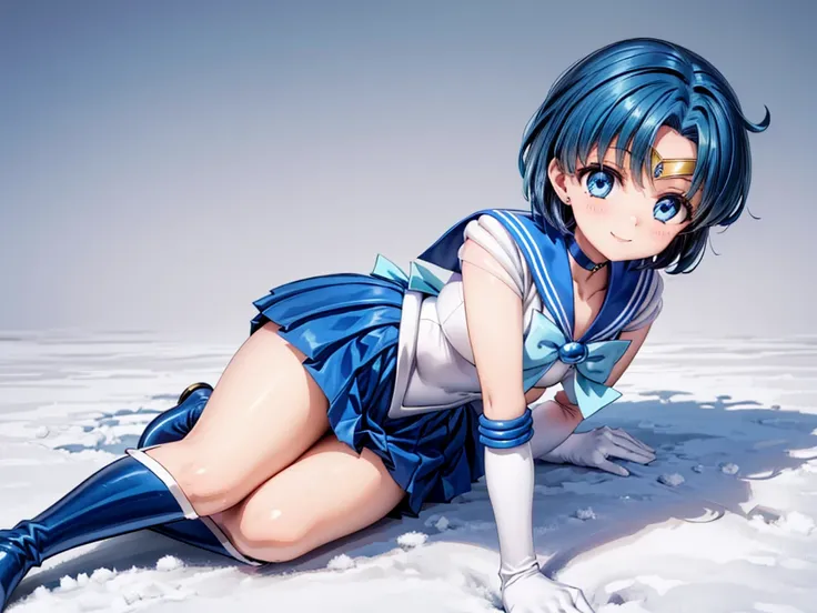 one girl, Ami Mizuno, Sailor Mercury, cute face, thin and tall, smile, sailor senshi uniform, blue sailor collar, tiara, magical girl, blue pleated skirt, white elbow gloves, jewelry, brooches, choker, blue long boots, blue short hair, blue eyes, full body...