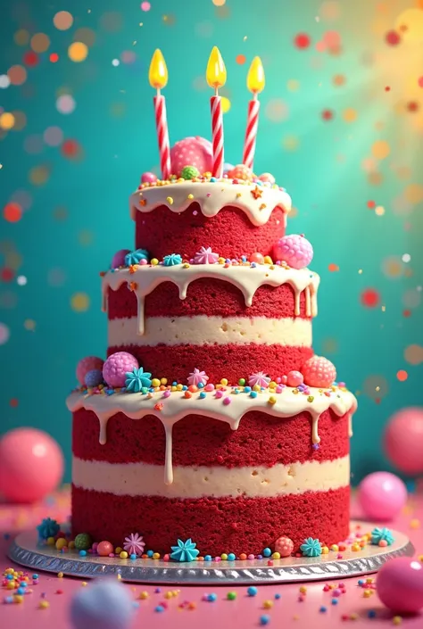 A red birthday cake with several floors and a very colorful and cheerful background written on top of it “happy birthday my love!” In Portuguese 