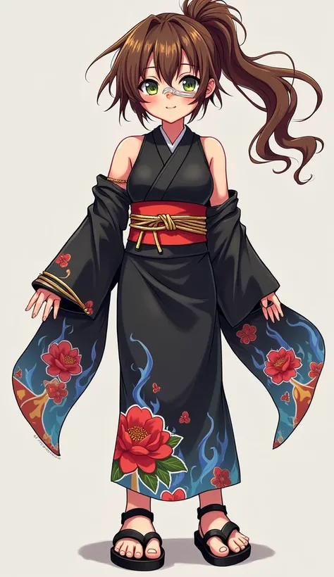 anime  busty tomboy princess brown rough ponytail hair left green eye her right eye covered by fire highlights in her hair band aid on nose gold, prosthetic, right forearm black sleeveless kimono With red flower And blue fire pattern black sandals gagged a...