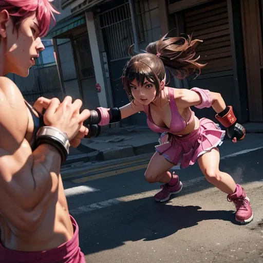 dynamic battle action, A male and a female (((stand squarely facing each other))), (((they are fighting so hard in the back-street))). (((they are beating each other))). (((glaring at each other))), a cute Japanese high school (((girl fighter))) is fightin...