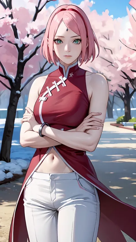 masterpiece, absurdres ,1 ,  haruno Sakura medical room,forehead mark,  red hair ribbon ,  sleeveless red dress,  white pants, navel,   groin,   bracelet,  looking at the viewer ,  arms crossed, Cherry trees, wind, floating hair, 
 pink hair,  short hair, ...