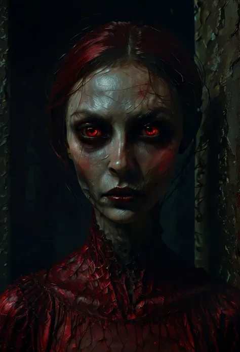 Night room, dark room, no windows, completely darkened room. style by elson peter, diego dyer, peter mohrbacher, karol bak, grainy, eerie setting. creepypasta is a scary entity in the form of a 40-year-old woman with big eyes and a scary smile. dark scarle...