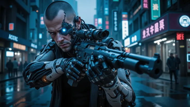 Futuristic Cyberpunk city in the middle of a civil war, Blue tons, obscure, landscape, The streets are wet because it just rained, Lots of neon lights on the storefronts, in the background of the image a man with a robotic and very technological mechanica...