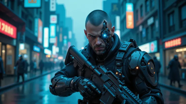 Futuristic Cyberpunk city in the middle of a civil war, Blue tons, obscure, landscape, The streets are wet because it just rained, Lots of neon lights on the storefronts, in the background of the image a man with a robotic and very technological mechanica...