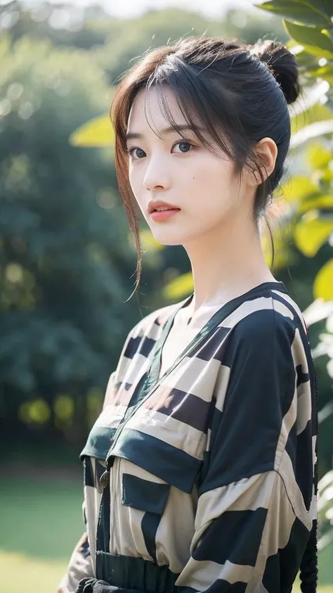 A hyper-realistic Taiwanese woman in her early 20s, with a slender yet toned physique, wearing a lightweight camouflage shirt with all buttons undone, exposing her collarbone and a noticeable portion of her chest, reflecting the necessity of breathable clo...