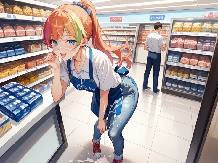 Convenience store,convenience store、Convenience store店員の女性、Convenience store店員のユニフォーム、 white shirt、 short denim pants、 sneakers、Blue Apron、leaning forward、 makes you sluggish、Checkout in progress、 Female Clerk Hitting the Checkout 、 Rainbow Hair Color 、 po...