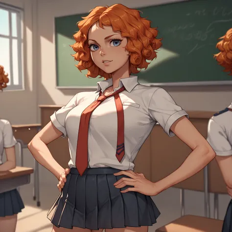 score_9,score_8_up,score_7_up BREAK melissaSDXL,1girl,blue eyes,short hair,orange hair,,curly hair,cowboy shot,room,classroom background,,hands on hips, white shirt, short sleeves, pleated skirt, necktie, collared shirt, red necktie,