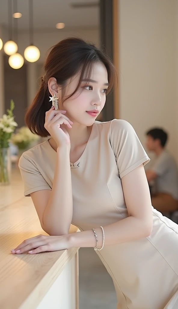 elegant, natural pose, straight hair tied in a low ponytail, cream-colored fitted dress, smooth silky material, star-shaped earrings, bracelet on right hand, relaxed pose, leaning against a counter, looking to the side, smooth skin, indoor café setting, wa...