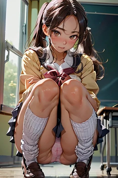 NSFW, (kawaii 18 year-old Japanese highschool girl, well tanned brown skin), glossy silver hair, high ponytail, blush, embarrassed, (wearing Japanese school uniforms, plaid skirt), pink panties, cameltoe, (thin legs, white loose socks), loafers, (classroom...