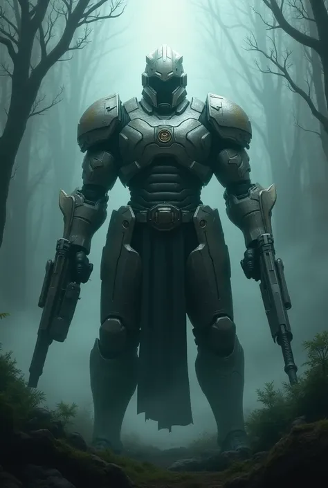 A commander wearing a suit of armor emblazoned with the words "Vumba", holding weapons of mass destruction, standing in a dense forest filled with fog. 