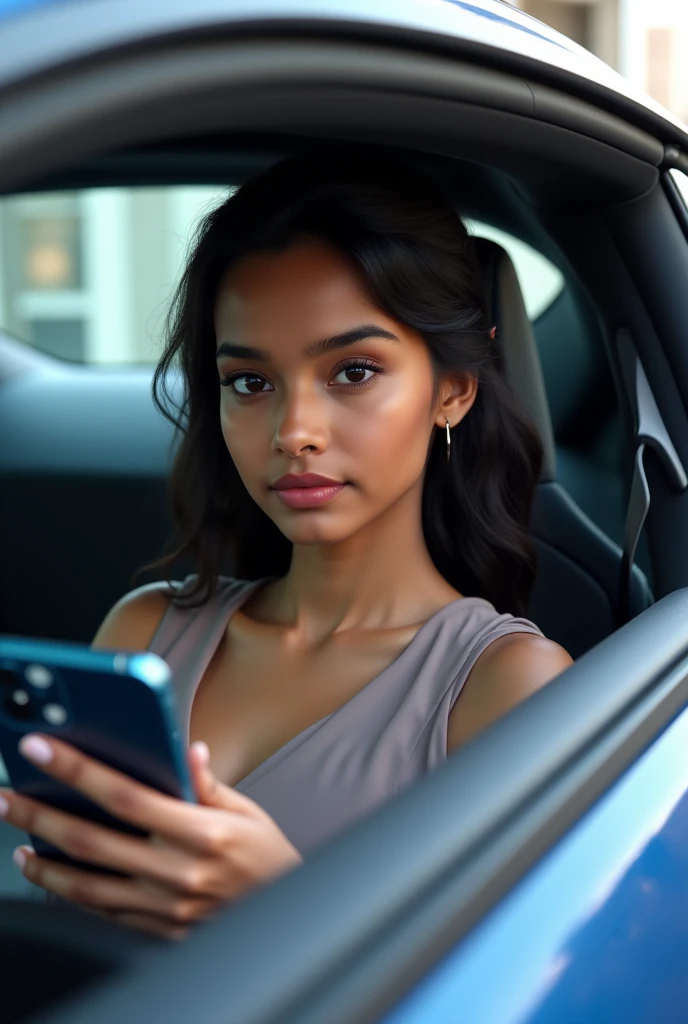 A Sri Lankan girl looks like she's inside a BMW i8, and she's holding an iPhone 16 Pro in her hand.