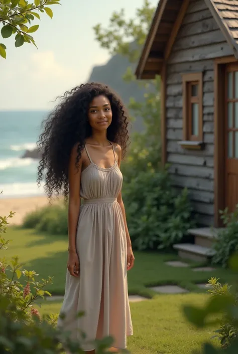 
a mother with long curly black hair in the yard of a wooden house by the beach