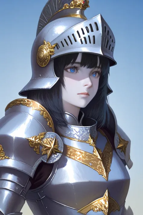 A classic oil painting with a distinct split bright lens flare. The subject is a French medieval queen in silver armor, with blue and gold symbols, an iron helmet, pale skin, blue eyes, and a black bob hair. Vibrant colors, light streaks, and bold areas ar...