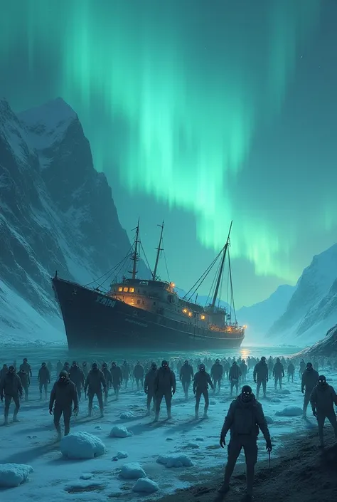 A transport boat stuck in the ice
With zombies on the shore
And aurora borealis 
