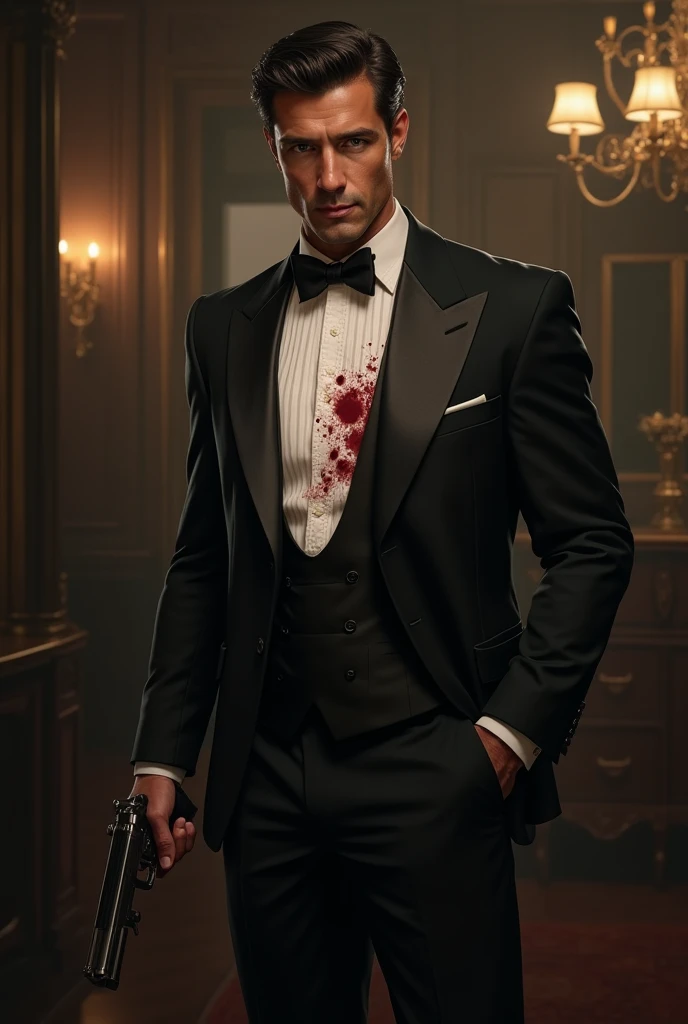 A handsome Australian man without a beard wearing a black tuxedo, carrying a gun and covered in blood