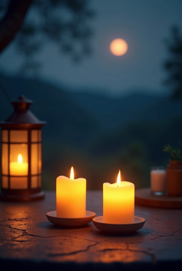 there are two Candles that are sitting on a table, Peaceful atmosphere, Warm and beautiful scenery, Beautiful atmosphere, Peaceful atmosphere, glowing Candles, Yellow lantern, Beautiful atmosphere, Relaxed atmosphere, floating Candles, Peaceful landscape, ...