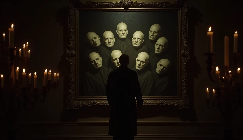  A dark room illuminated by candles ,  where scholars finally discover the secret :  an ancient portrait of twelve pale figures ,  all with empty black eyes . In the background of the painting ,  one of them records his own face - despite the painting bein...