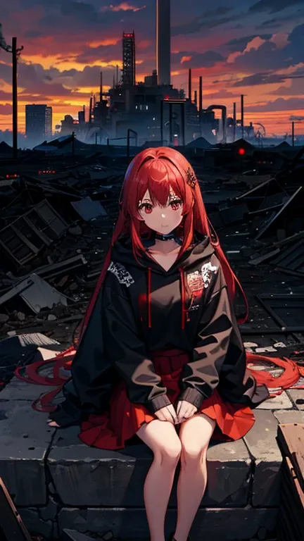  in ultra high quality、Crisp digital art、（ urban apocalyptic scenario）
（ Blood Red Skies  )、Pile of s、 Gravel Mountain、  collapsed city、  in the seat、  black hoodie  、   Red Skirt 、 Black Niso 、 white long hair、