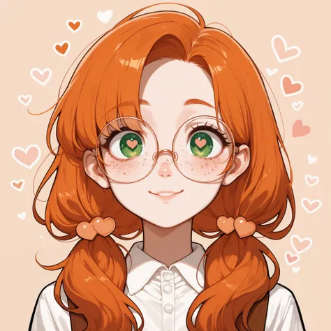 Full body, orange long hair, green eyes, heart shape in her eyes, glasses, freckles, Coy smile, white top, black skirt, long loose white socks, 