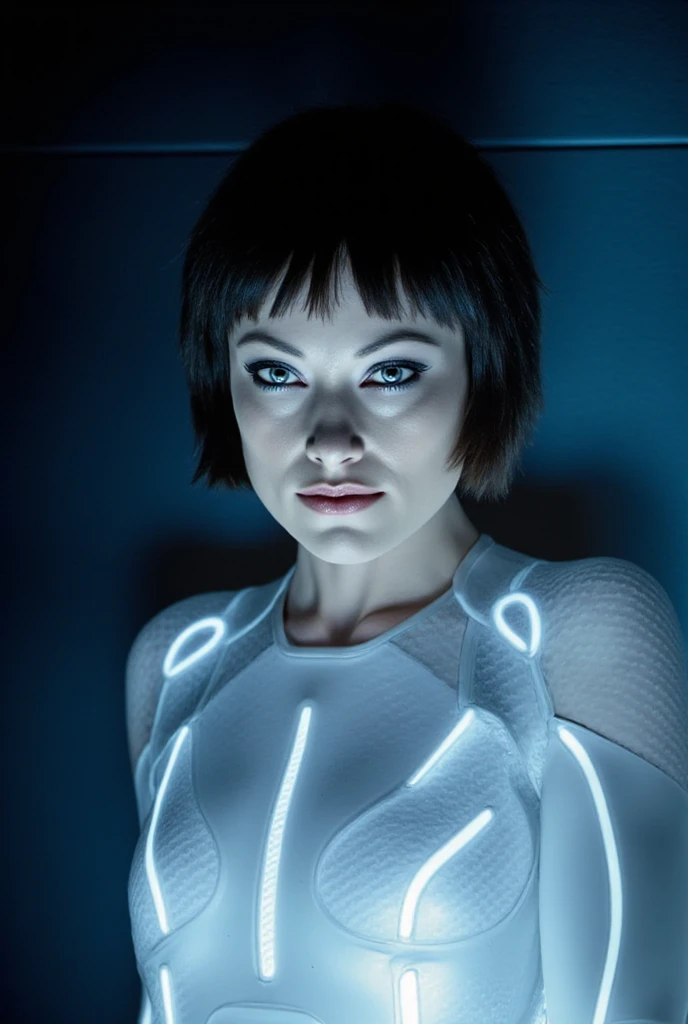 Olivia wilde (short black bobbed hair) wearing a sexy transparent white tron legacy style layex lingerie costume. 