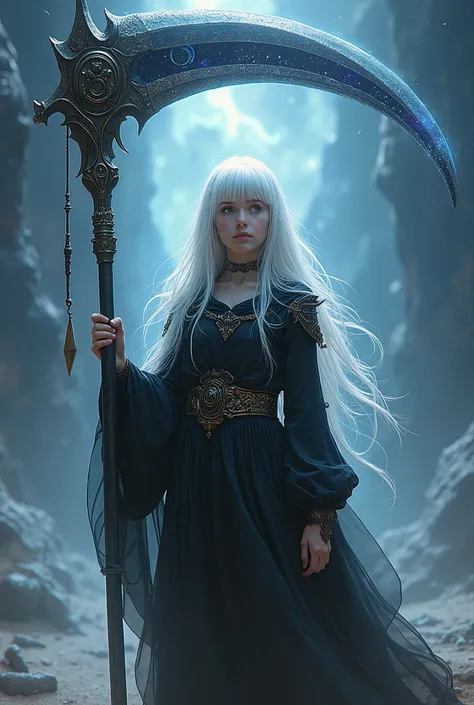 drawing of a girl dressed in a death outfit She holds a scythe bigger than the multiverse when compared to the earth she is just a grain of sand She has platinum hair