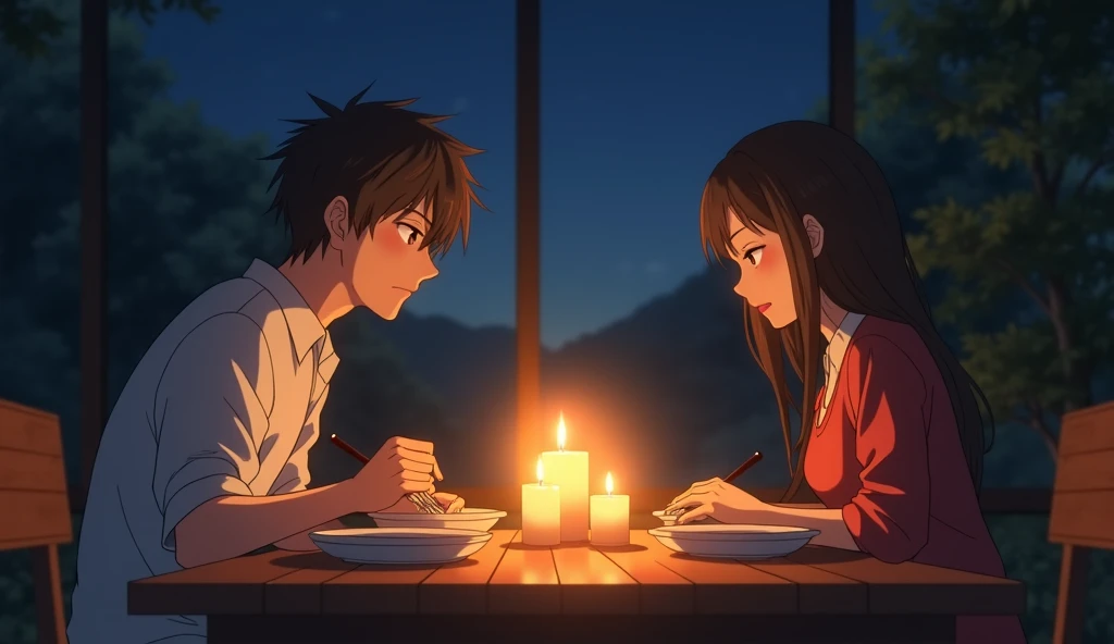 "A romantic Japanese anime scene with a candlelit dinner at home. The table is set with dishes and candles glowing softly. The couple sits across from each other, sharing a peaceful, intimate meal. The warm light from the candles reflects on their faces, a...