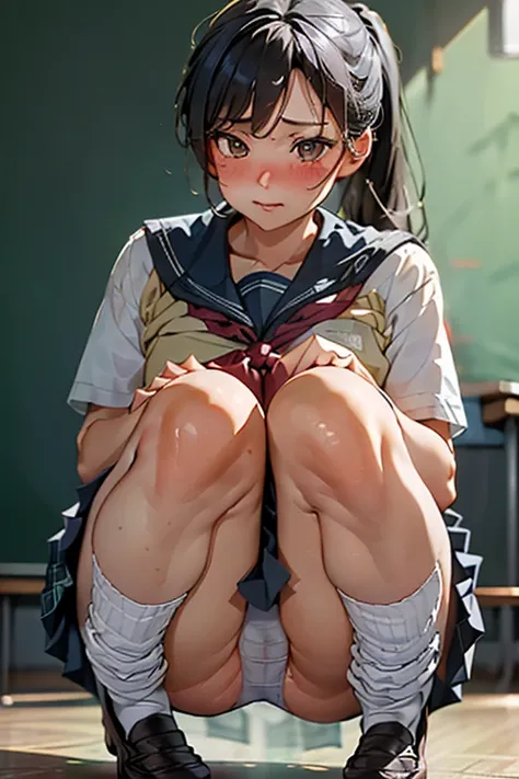 NSFW, (kawaii 18 year-old Japanese highschool girl, well tanned brown skin), glossy silver hair, high ponytail, blush, embarrassed, (wearing Japanese school uniforms, plaid skirt), blue panties, (thin legs, white loose socks), loafers, (classroom backgroun...