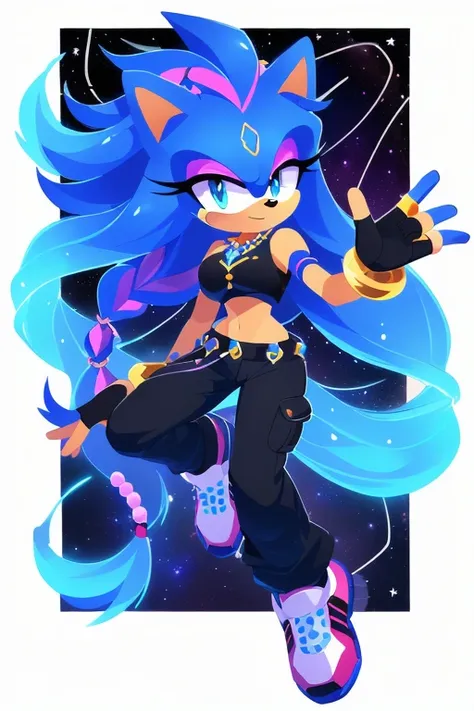 Sonic oc, Mobian, female, sonic the hedgehog but female, Cosmic hedgehog, A beautiful light blue hedgehog, purplish blue eyes, very long hair/quills, braided and beaded long hair bangs, long streaks of hair on each side of her face, (star constellation on ...