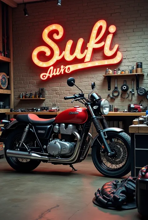 A stylish and high-resolution wallpaper of a motorcycle workshop with detailed tools, spare parts, and an engine being worked on. The business name 'Sufi Auto Spare Parts' is painted in vintage-style lettering on a brick wall in the background, giving an a...