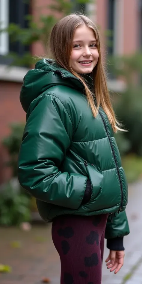 Backside diagonally photo from side behind of a sweaty hot wet cute beautiful darkblonde furtuned dutch spanish italia young posing age femboy wearing green canada-goose shiny pvc puffy cropped short puffer jacket, very short shiny darkgreen Big luxurious ...