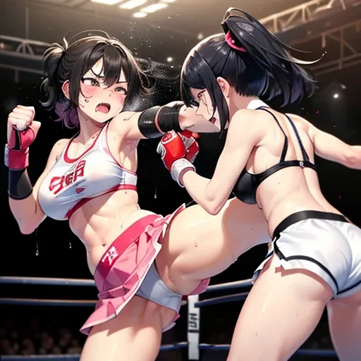 dynamic battle action, they are (((((beating each other's body and face by fist and leg))))) so hard. two (((bloody)))) cute heavy weight Japanese high school student (((girl fighters))) are fighting in the octagon fighting ring of underground arena with a...