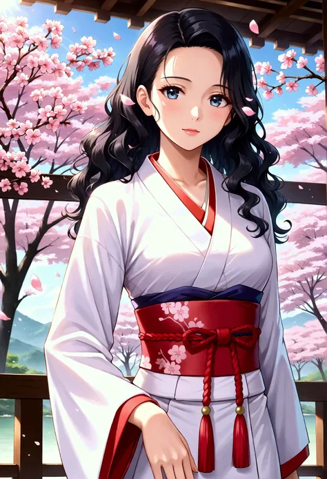 (( Masterpiece, high quality , anatomically accurate , high quality , ultra high quality , , high quality )),clear face, Masterpiece, top quality , perfect face, ,perfect fingers), ninja,  obi, japanese clothes wavy hair, cherry blossoms, sunlight, black h...