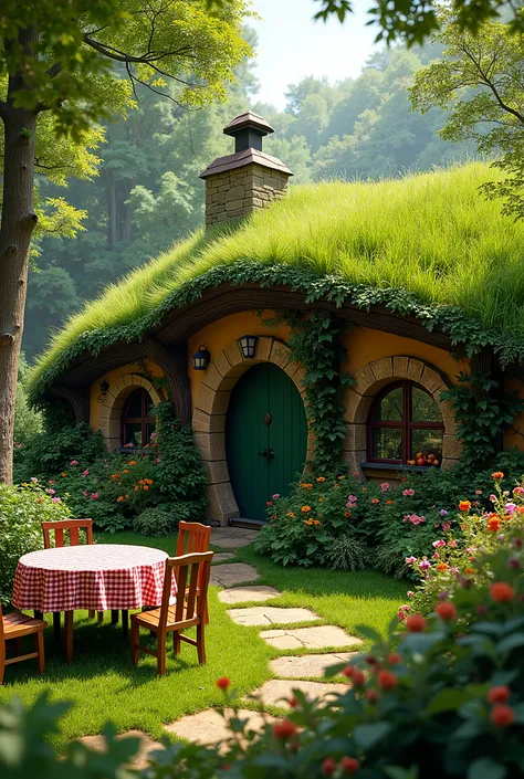 A cozy, fairytale cottage nestled into a lush, green hillside, blending seamlessly with nature. The roof is covered in soft grass, giving the home a charming, hobbit-like appearance. Ivy and blooming flowers cascade around the arched windows, adding a touc...