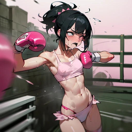 (((Her body is crashing into the fence of the fighting octagon ring so hard))). ((((she is in trouble))). (((her belly has many bruises))). dynamic battle action, muscular and sixpack abs body, two beautiful Japanese high school student girl fighters are f...