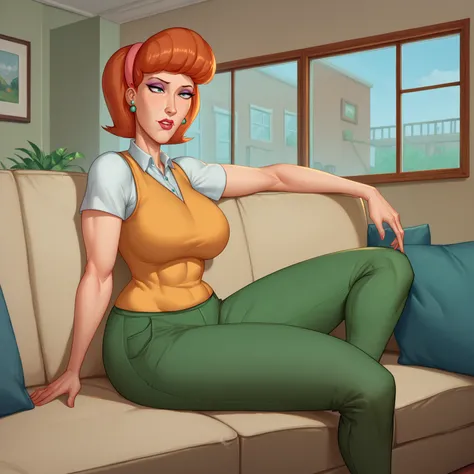 score_9, score_8_up, score_7_up, BREAK, 1girl, solo, breasts, mature female, lindaflynnfletcher, makeup, hairband, earrings, white shirt, collared shirt, vest, short sleeves, green pants, sitting, indoors, living room, window, couch,