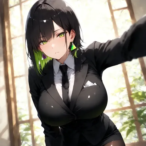 masterpiece, (((( best quality )))),1 girl, Japanese Anime ,,shiny skin, wearing a black suit,skirt suit, black tie , dark hair, short bob hair,The inner color of the hair is green, green eyes,isosceles triangle earrings, black tights,large breasts