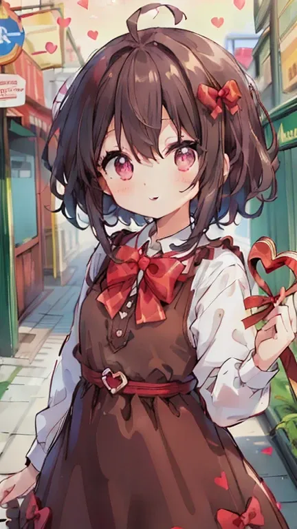 (((32K))), (((  has a heart background ))), ((( ))), ((( cute ))), (Beautiful high quality eyes ), ( cute smile), ((( dress))), (  Valentine ), ((A heart that has chocolate)), 