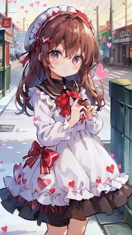 (((32K))), (((  has a heart background ))), ((( ))), ((( cute ))), (Beautiful high quality eyes ), ( cute smile), ((( dress))), (  Valentine ), ((A heart that has chocolate)), 