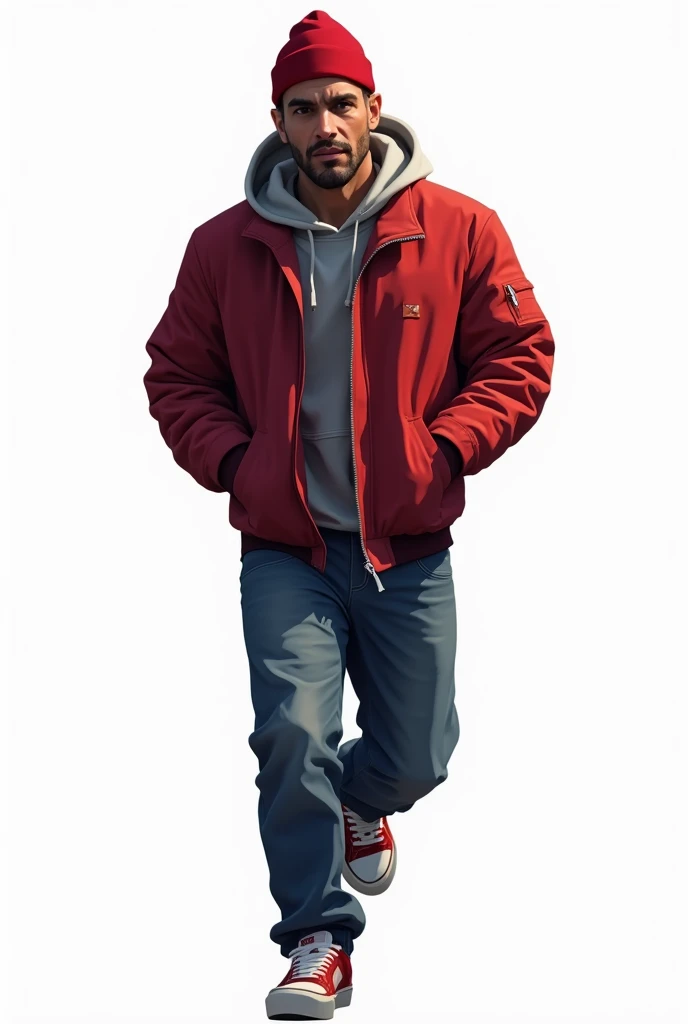 Create a GTA illustration of a European man, Who runs in rapper style beanie ,  blank background 
