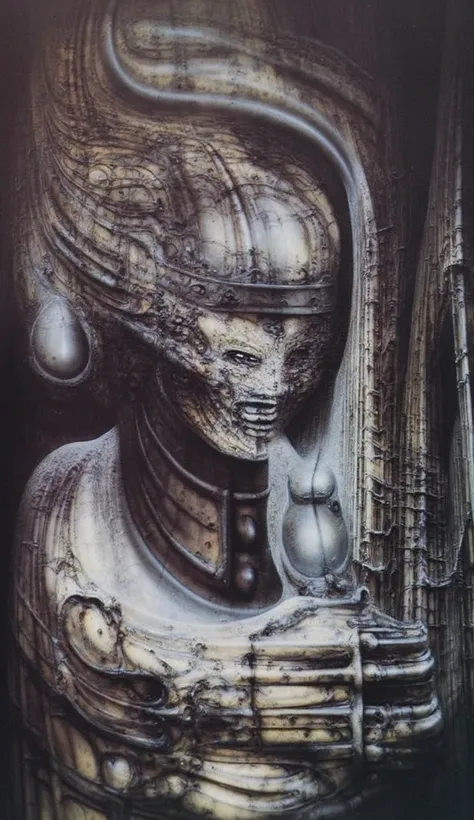 DARK BLACK COLORS, Giger_style, H. R. Giger's g1g3r, , Giger_style, The image is a detailed view of H.R. Giger's \" HRG Aleph \" plate, featuring ( The image depicts intricate, organic-like mechanical structures with a dark, metallic appearance, resembling...