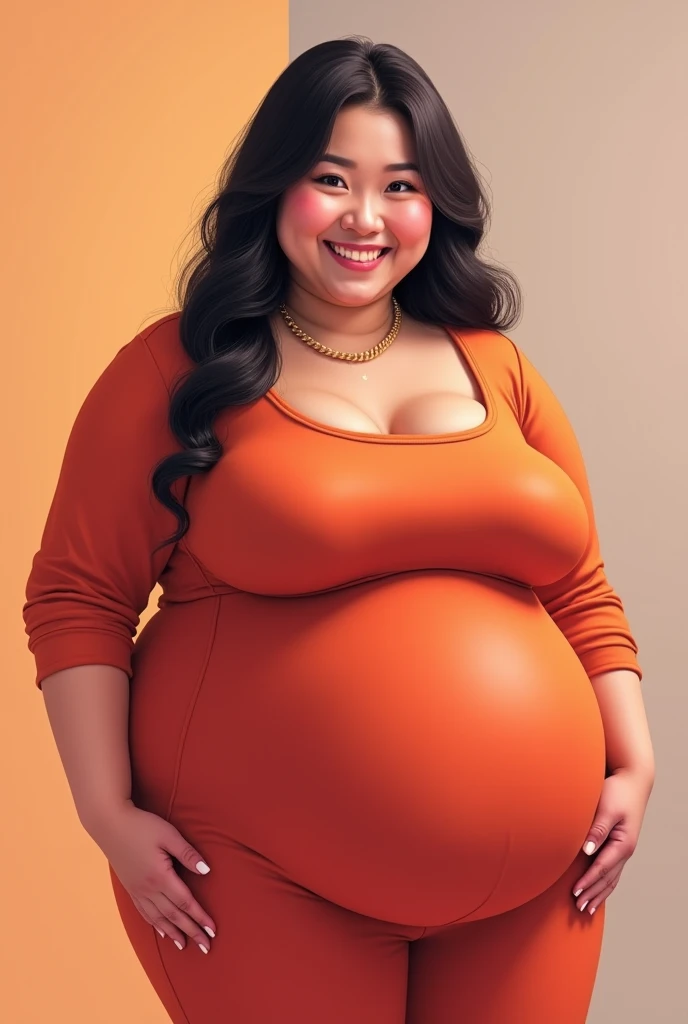 plus sized Asian woman with round belly in  outfit 