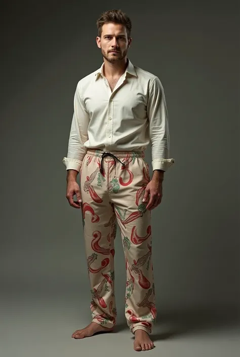 man wearing a funcky pajama pants and above it a formal shirt